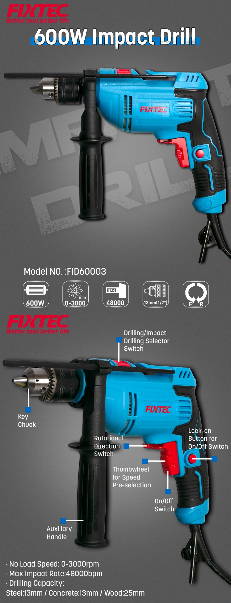 Fixtec Professional Electric Impact Drill 600W 13mm Key Chuck 230V/50Hz Concrete Drill